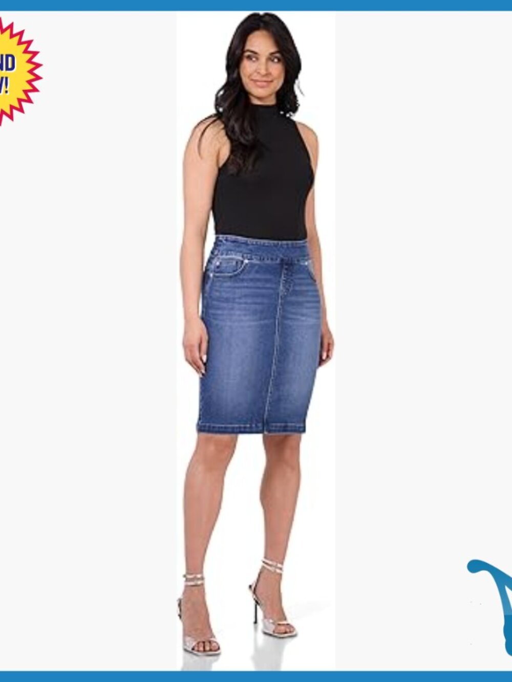Pull-On Stretch Denim Skirt, Mid Rise, Slim Fit, 5 Pockets, 22.5" Length